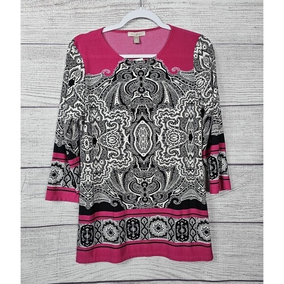 Roz & Ali Tops - Roz & Ali Abstract Design Stretch Knit 3/4 Sleeve Blouse Pink Black White Medium